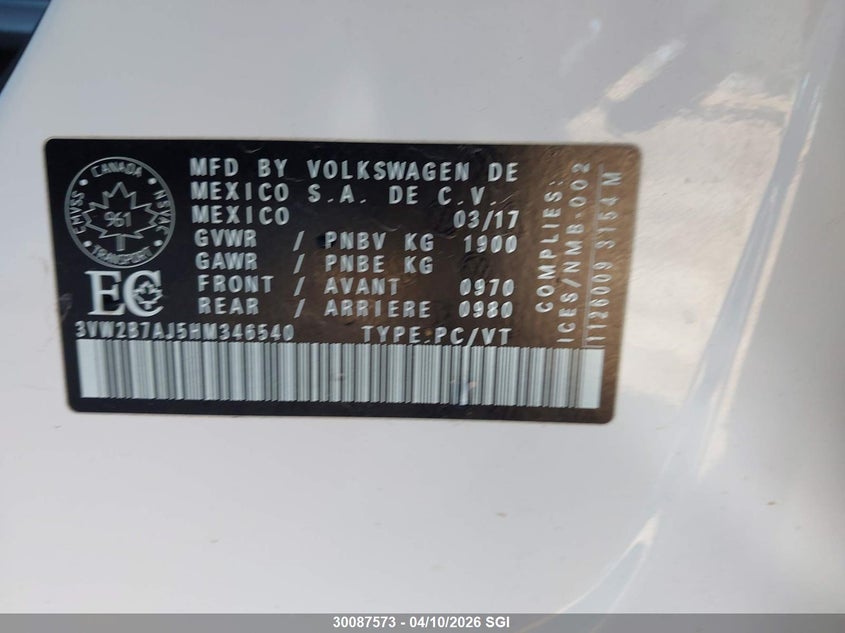 2017 Volkswagen Jetta S VIN: 3VW2B7AJ5HM346540 Lot: 30087573