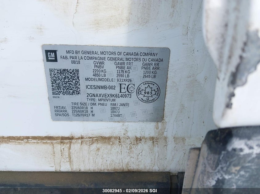 2019 Chevrolet Equinox Lt VIN: 2GNAXVEX9K6140973 Lot: 30082945