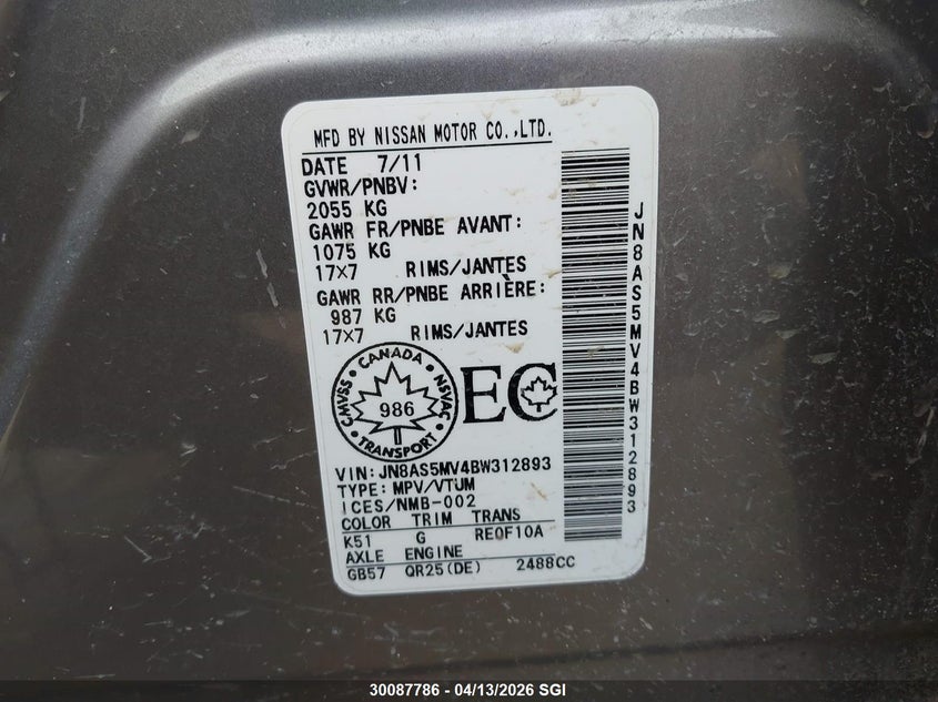 2011 Nissan Rogue S/Sv/Krom VIN: JN8AS5MV4BW312893 Lot: 30087786