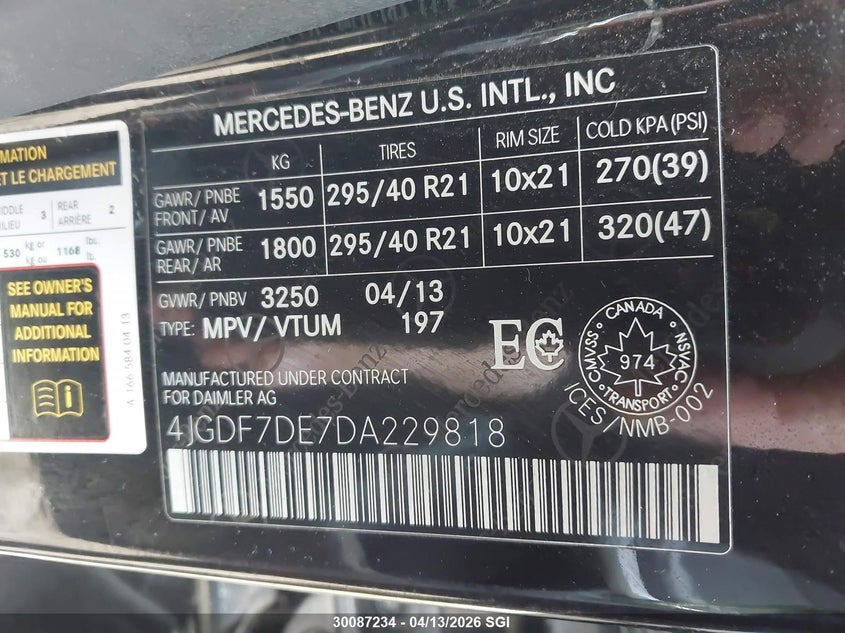 2013 Mercedes-Benz Gl 550 4Matic VIN: 4JGDF7DE7DA229818 Lot: 30087234