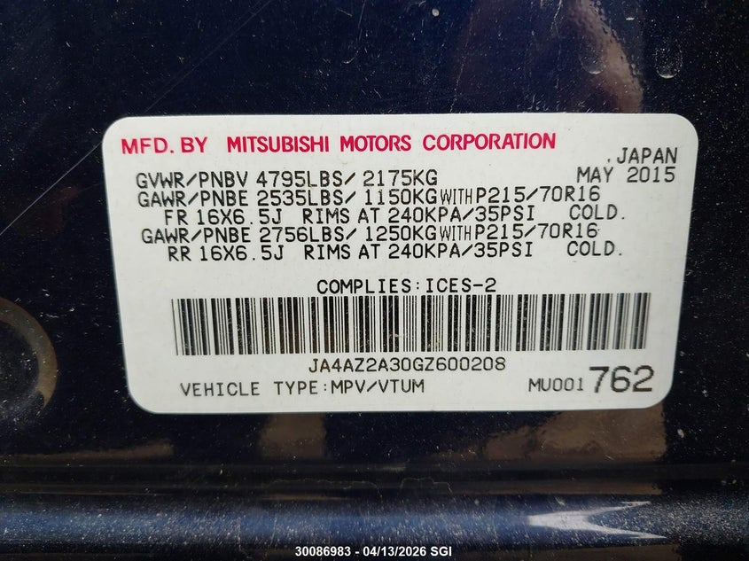 2016 Mitsubishi Outlander Es VIN: JA4AZ2A30GZ600208 Lot: 30086983