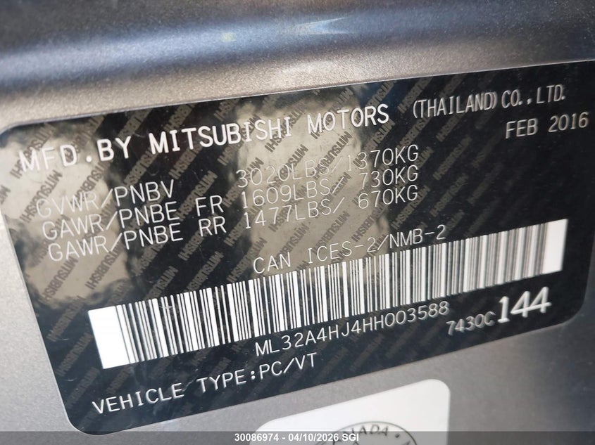 2017 Mitsubishi Mirage Se VIN: ML32A4HJ4HH003588 Lot: 30086974
