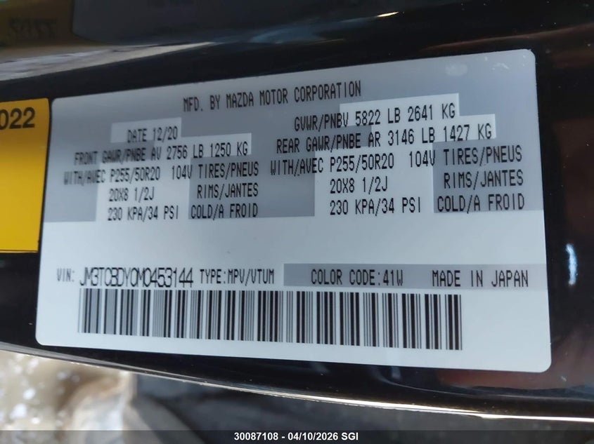 2021 Mazda Cx-9 Grand Touring VIN: JM3TCBDY0M0453144 Lot: 30087108