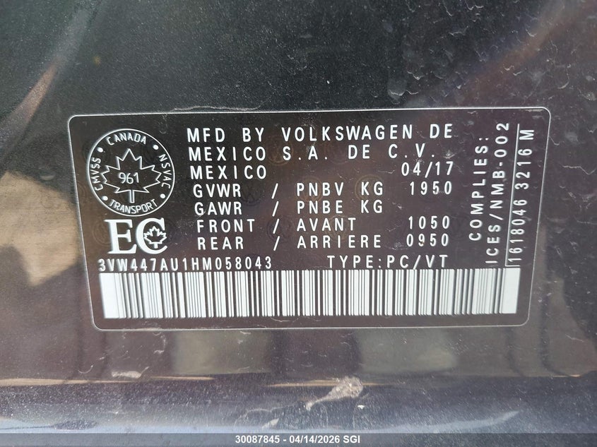 2017 Volkswagen Gti S/Se/Autobahn VIN: 3VW447AU1HM058043 Lot: 30087845