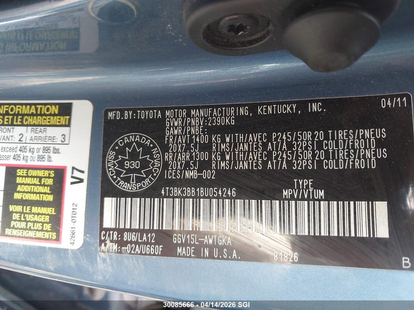 2011 Toyota Venza VIN: 4T3BK3BB1BU054246 Lot: 30085666