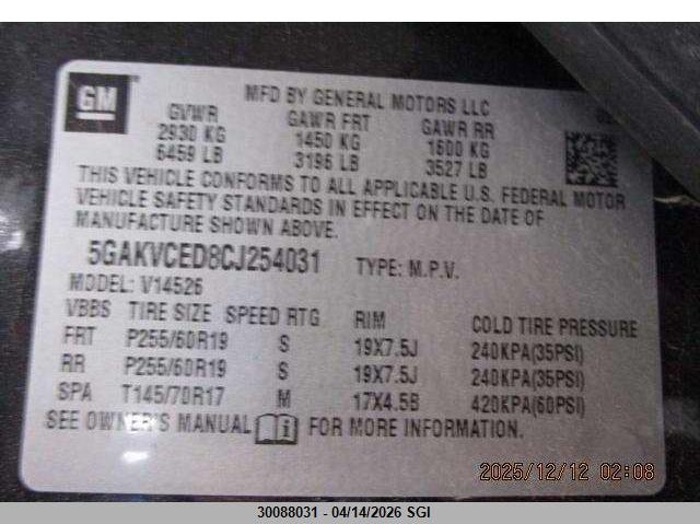 2012 Buick Enclave VIN: 5GAKVCED8CJ254031 Lot: 30088031