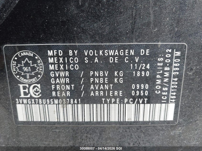 2025 Volkswagen Jetta Sel VIN: 3VWGX7BU9SM037841 Lot: 30088007