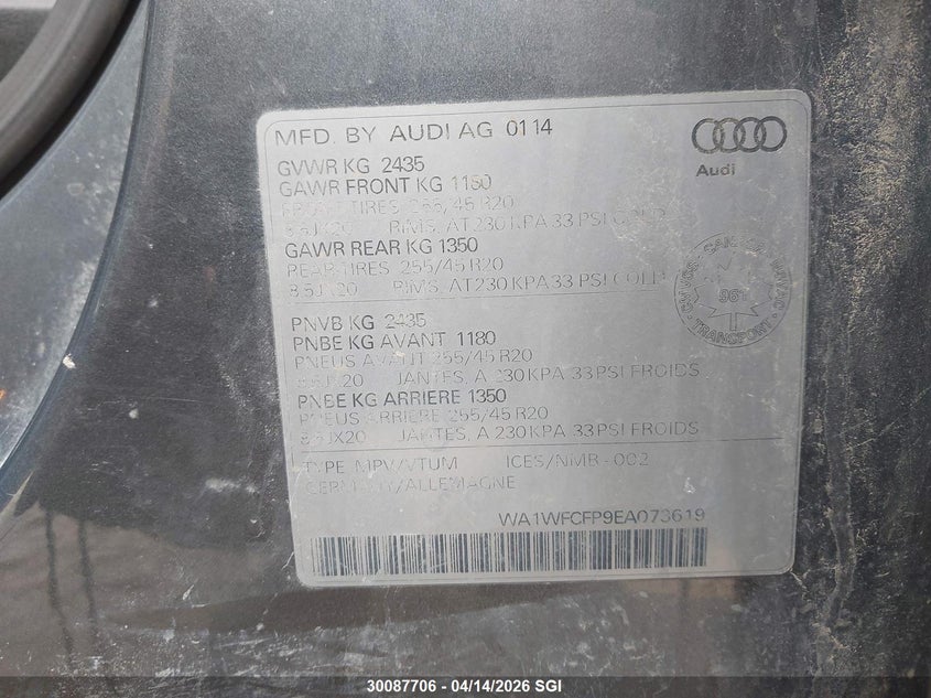 2014 Audi Q5 Prestige VIN: WA1WFCFP9EA073619 Lot: 30087706