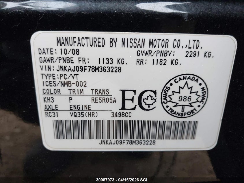 2008 Infiniti Ex35 Journey VIN: JNKAJ09F78M363228 Lot: 30087973