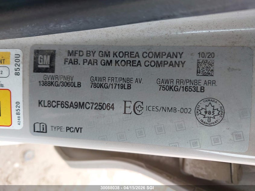 2021 Chevrolet Spark 2Lt VIN: KL8CF6SA9MC725064 Lot: 30088038