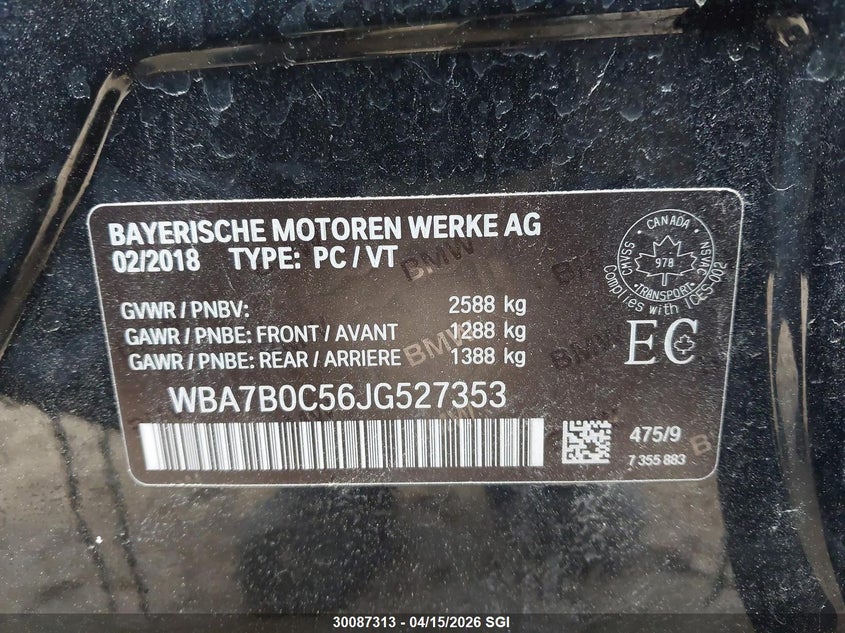 2018 BMW 750I xDrive VIN: WBA7B0C56JG527353 Lot: 30087313