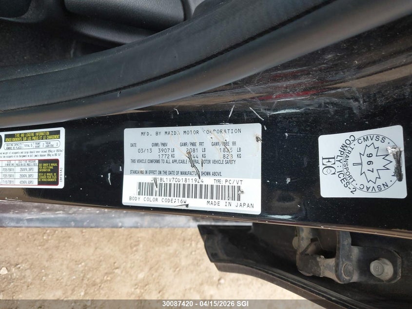 2013 Mazda 3 I VIN: JM1BL1V70D1811924 Lot: 30087420