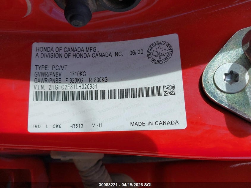 2020 Honda Civic Sport VIN: 2HGFC2F81LH020981 Lot: 30083221