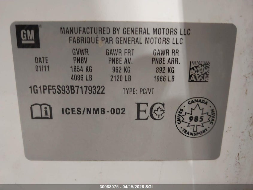 2011 Chevrolet Cruze Lt VIN: 1G1PF5S93B7179322 Lot: 30088075