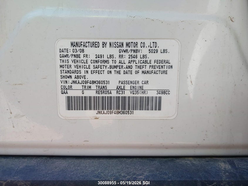 2008 Infiniti Ex35 Journey VIN: JNKAJ09F48M360531 Lot: 30088955