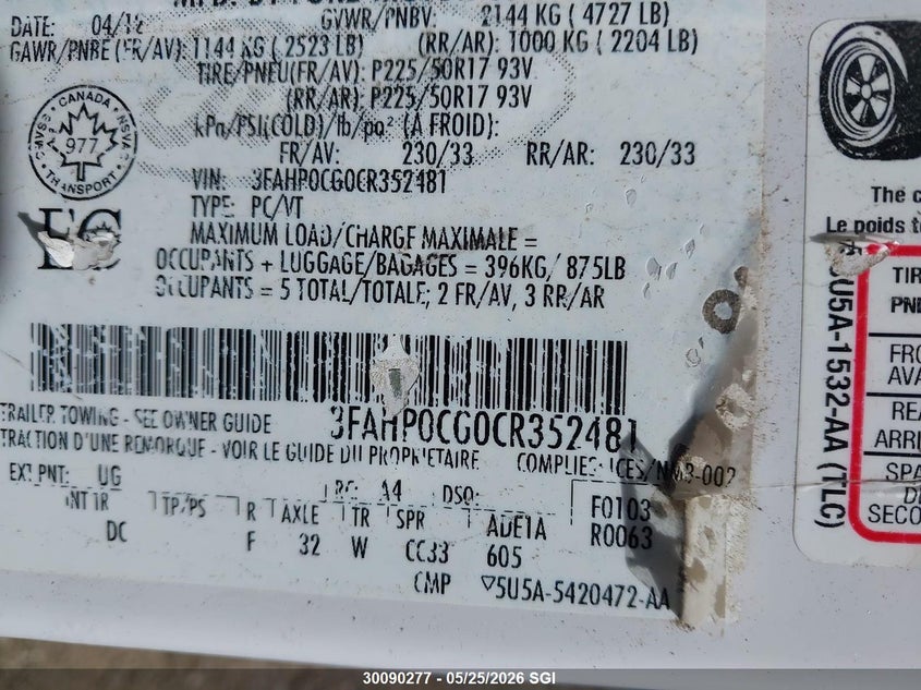 2012 Ford Fusion Sel VIN: 3FAHP0CG0CR352481 Lot: 30090277