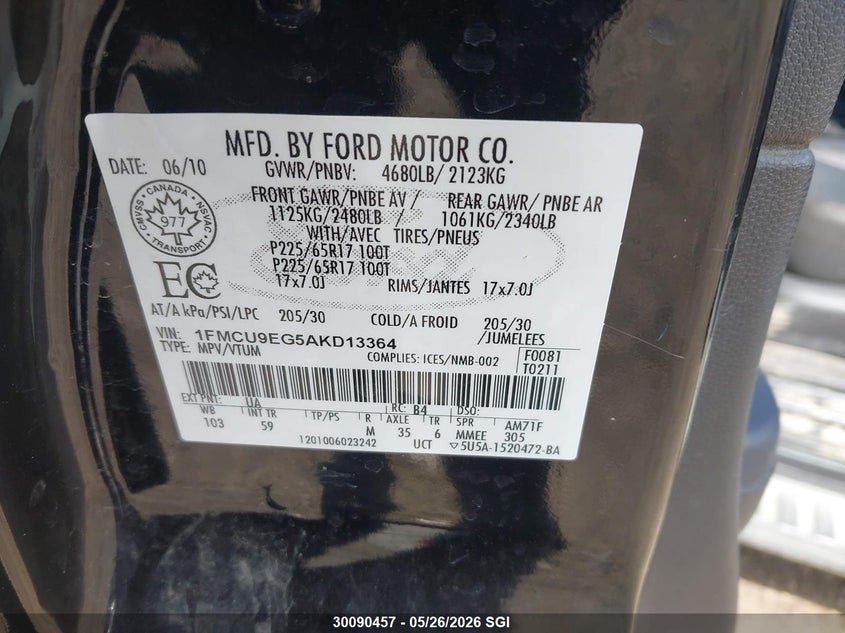 2010 Ford Escape 3.0 Limited black Lot 111030090457 Vin 1FMCU9EG5AKD13364