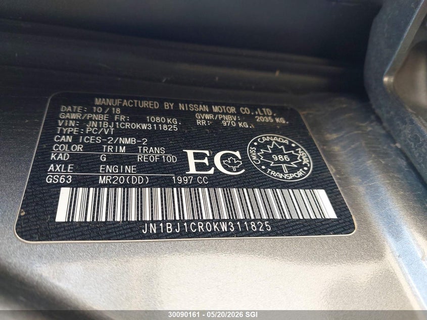 2019 Nissan Qashqai S/Sl/Sv VIN: JN1BJ1CR0KW311825 Lot: 30090161