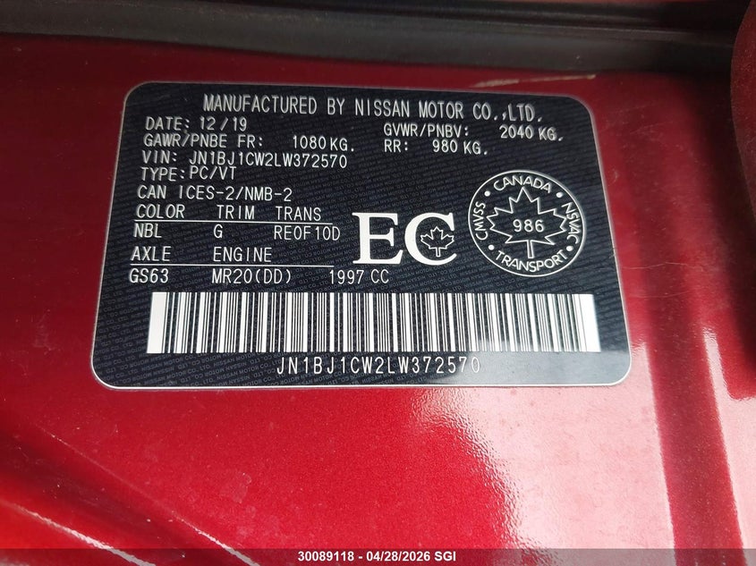 2020 Nissan Qashqai S/Sl/Sv VIN: JN1BJ1CW2LW372570 Lot: 30089118