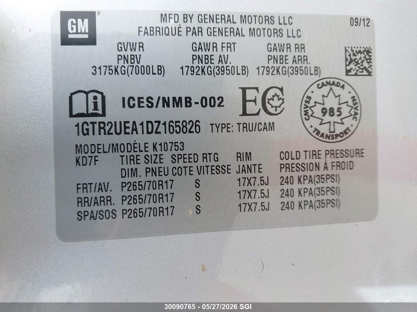 2013 Gmc SIERRA 4.8 K1500 Sl grey Lot 111030090765 Vin 1GTR2UEA1DZ165826