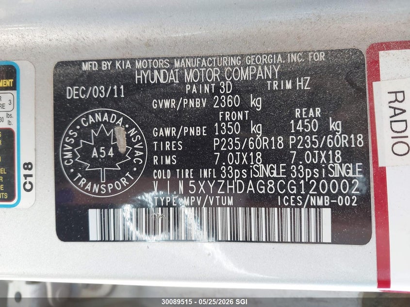 2012 Hyundai Santa Fe Se VIN: 5XYZHDAG8CG120002 Lot: 30089515