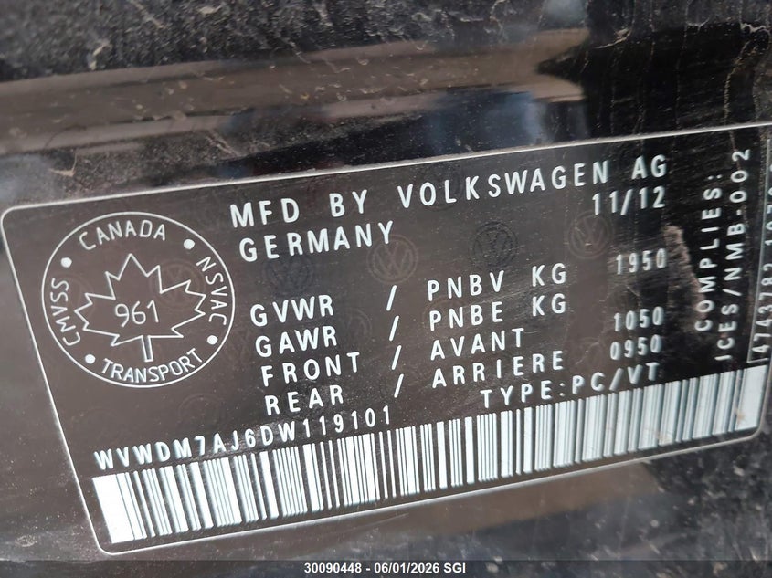 2013 Volkswagen Golf VIN: WVWDM7AJ6DW119101 Lot: 30090448
