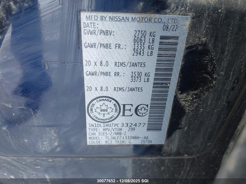 2023 Infiniti Qx60 Autograph VIN: 5N1DL1HU7PC332477 Lot: 30077652