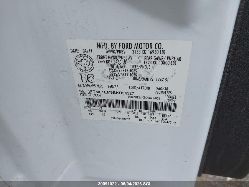 2011 Ford F150 VIN: 1FTMF1EM9BKD54527 Lot: 30091022