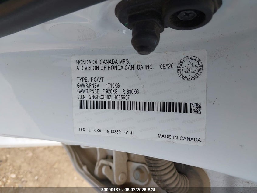 2020 Honda Civic Sport VIN: 2HGFC2F82LH035697 Lot: 30090187