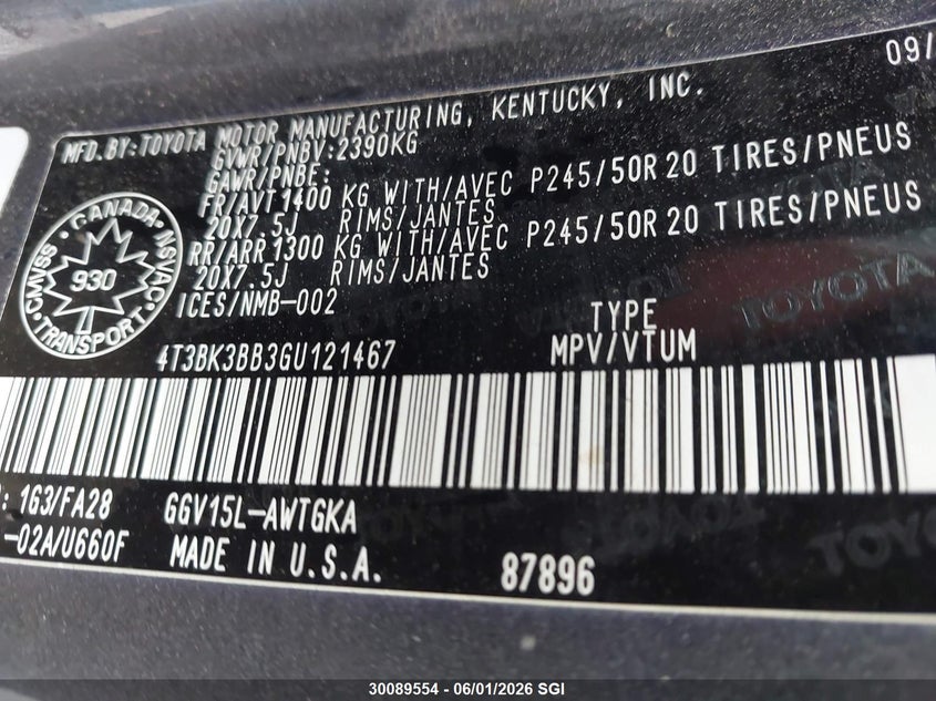 2016 Toyota Venza Xle VIN: 4T3BK3BB3GU121467 Lot: 30089554