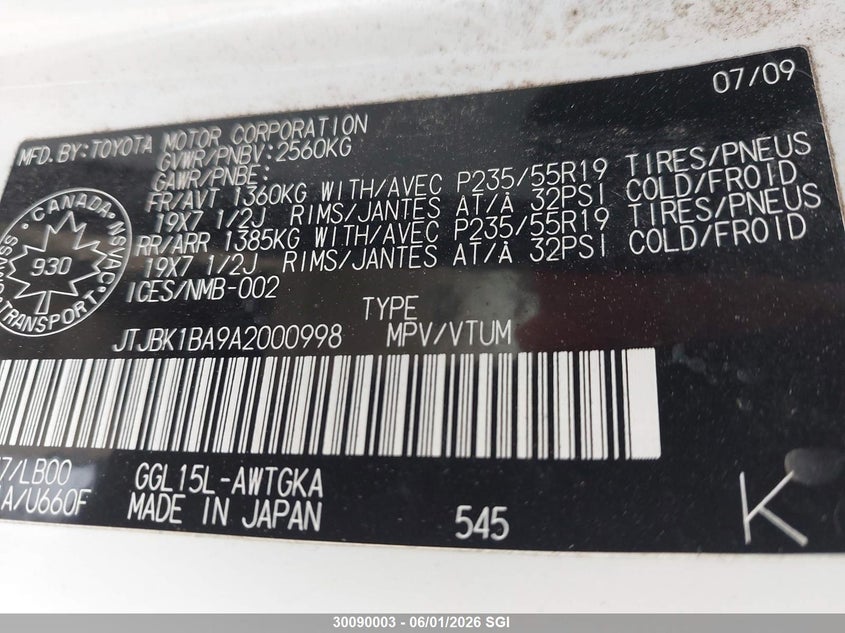 2010 Lexus Rx 350 VIN: JTJBK1BA9A2000998 Lot: 30090003