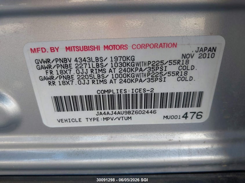 2011 Mitsubishi Rvr Gt VIN: JA4AJ4AU9BZ602446 Lot: 30091298
