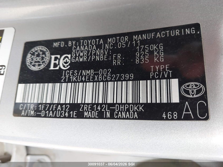 2011 Toyota Matrix 1.8 silver Lot 111030091037 Vin 2T1KU4EEXBC627399