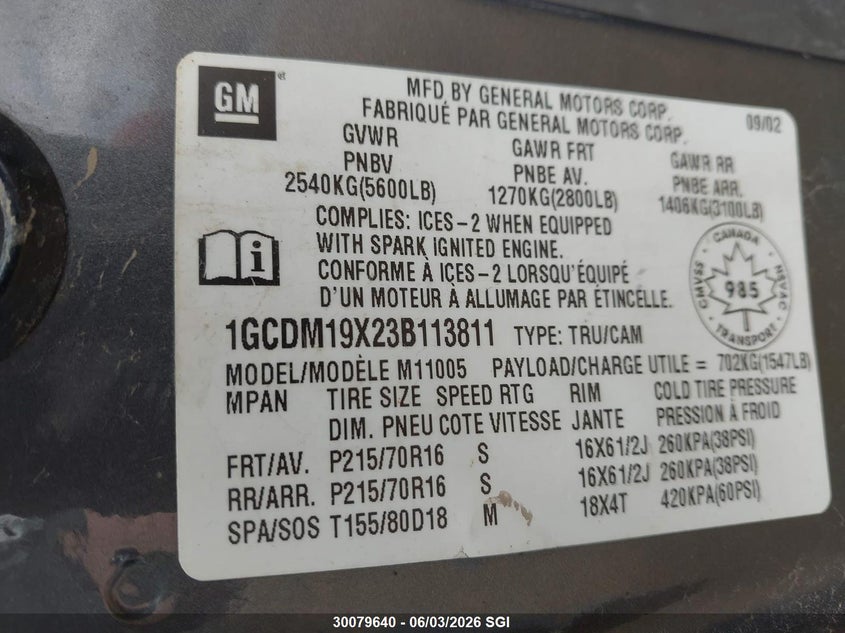 2003 Chevrolet Astro VIN: 1GCDM19X23B113811 Lot: 30079640