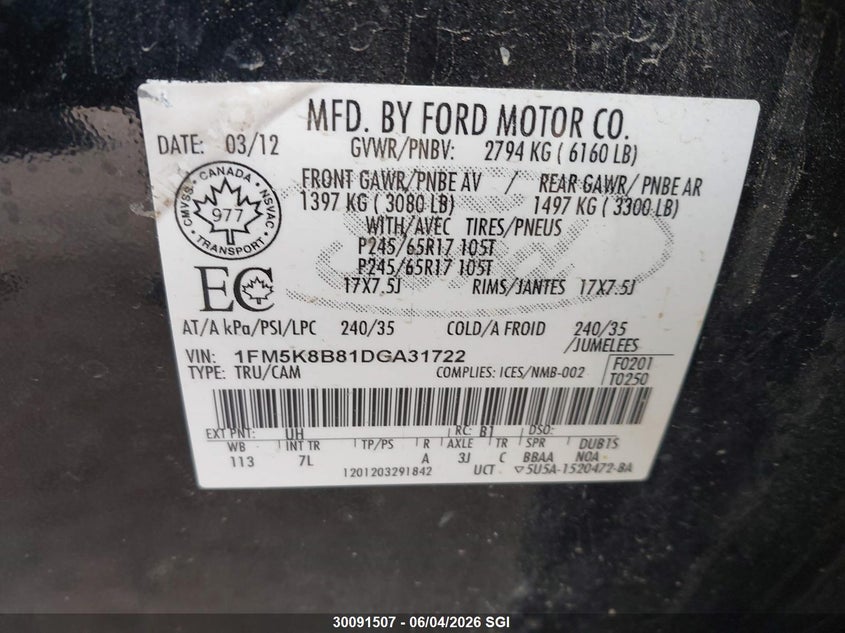 2013 Ford Explorer VIN: 1FM5K8B81DGA31722 Lot: 30091507