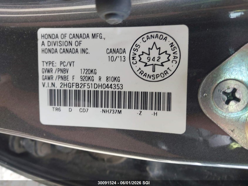 2013 Honda Civic Lx VIN: 2HGFB2F51DH044353 Lot: 30091524