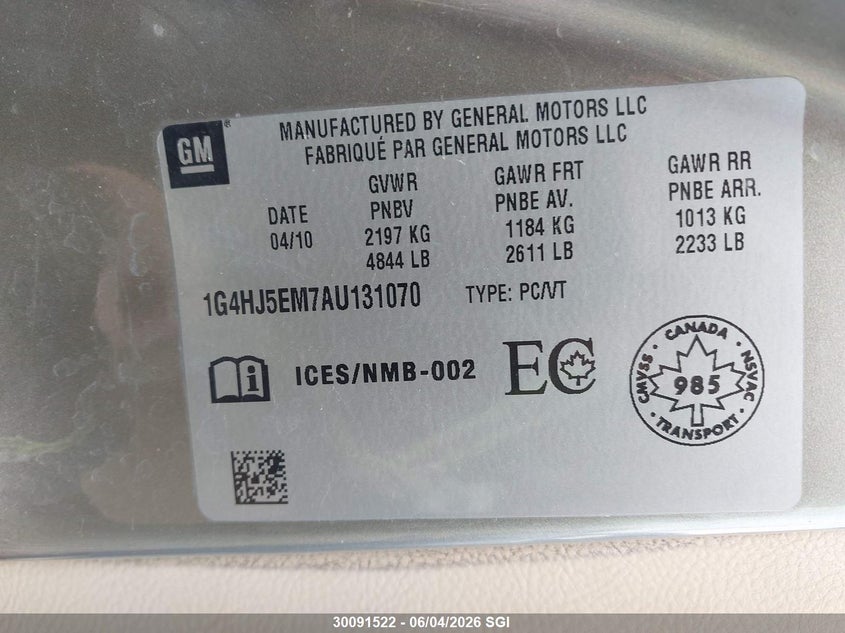 2010 Buick Lucerne Cxl VIN: 1G4HJ5EM7AU131070 Lot: 30091522