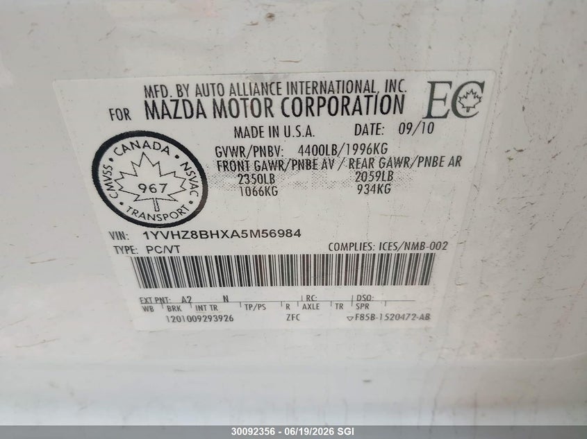 2010 Mazda 6 I VIN: 1YVHZ8BHXA5M56984 Lot: 30092356
