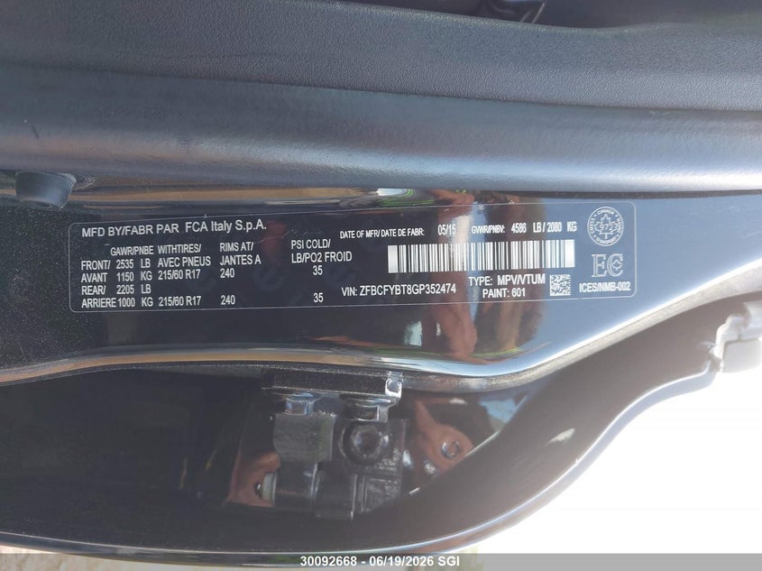 2016 Fiat 500X Easy VIN: ZFBCFYBT8GP352474 Lot: 30092668