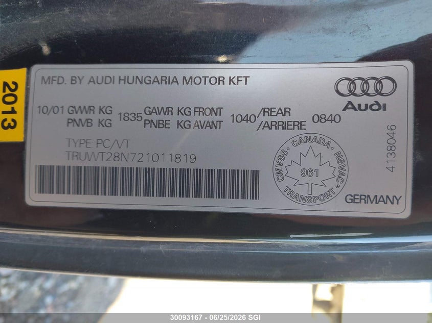 2002 Audi Tt Quaro VIN: TRUWT28N721011819 Lot: 30093167