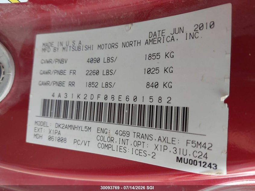 2011 Mitsubishi Eclipse Gs VIN: 4A31K2DF0BE601582 Lot: 30093769