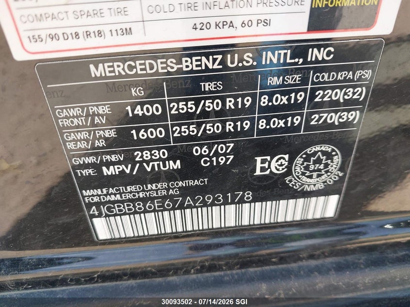 2007 Mercedes-Benz Ml 350 VIN: 4JGBB86E67A293178 Lot: 30093502