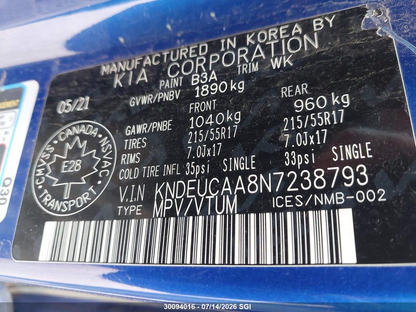 2022 Kia Seltos S VIN: KNDEUCAA8N7238793 Lot: 30094016