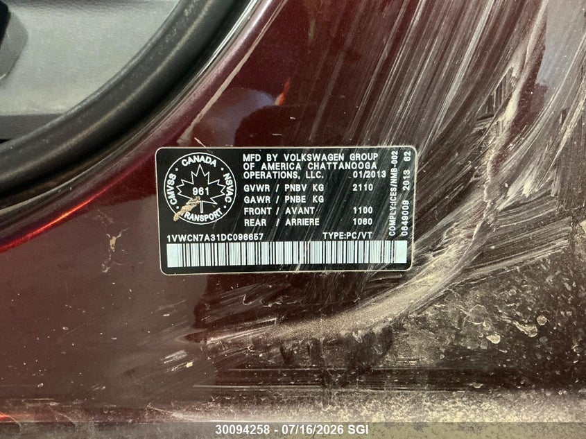 2013 Volkswagen Passat Sel VIN: 1VWCN7A31DC096657 Lot: 30094258