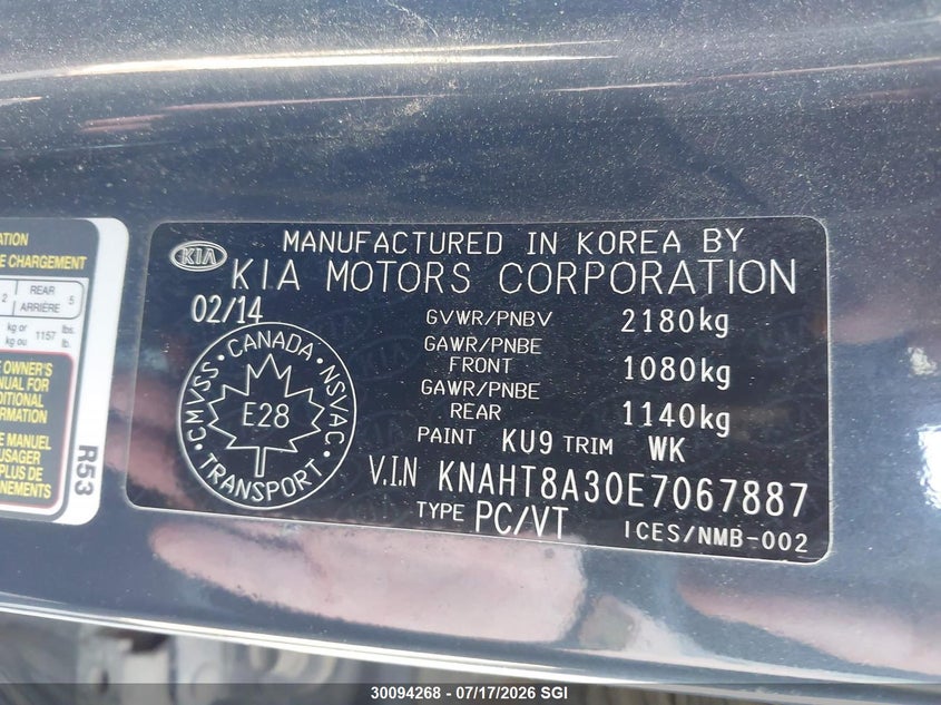 2014 Kia Rondo VIN: KNAHT8A30E7067887 Lot: 30094268
