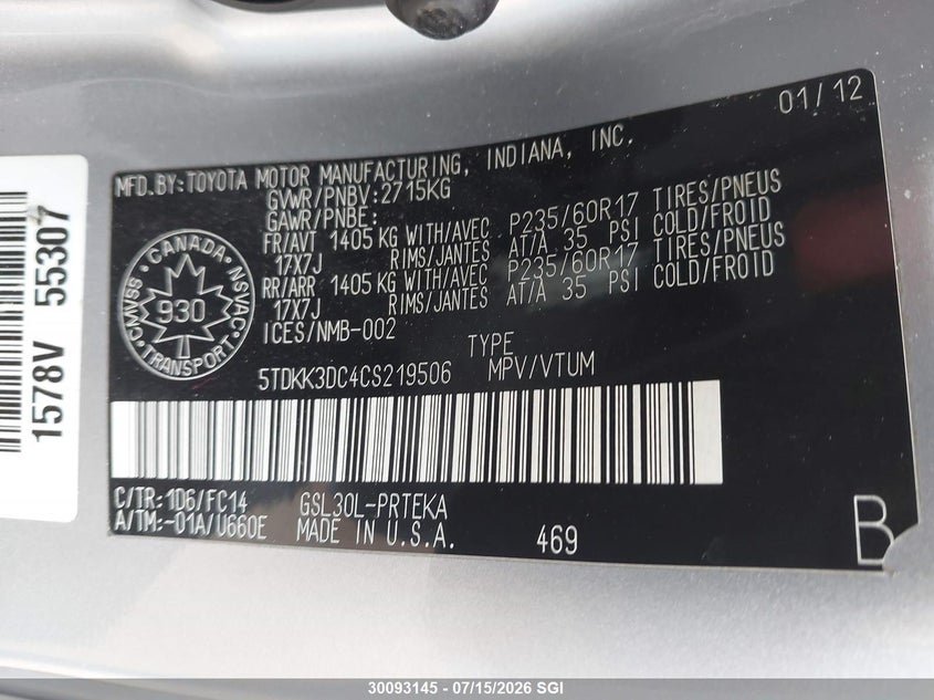2012 Toyota Sienna Le VIN: 5TDKK3DC4CS219506 Lot: 30093145