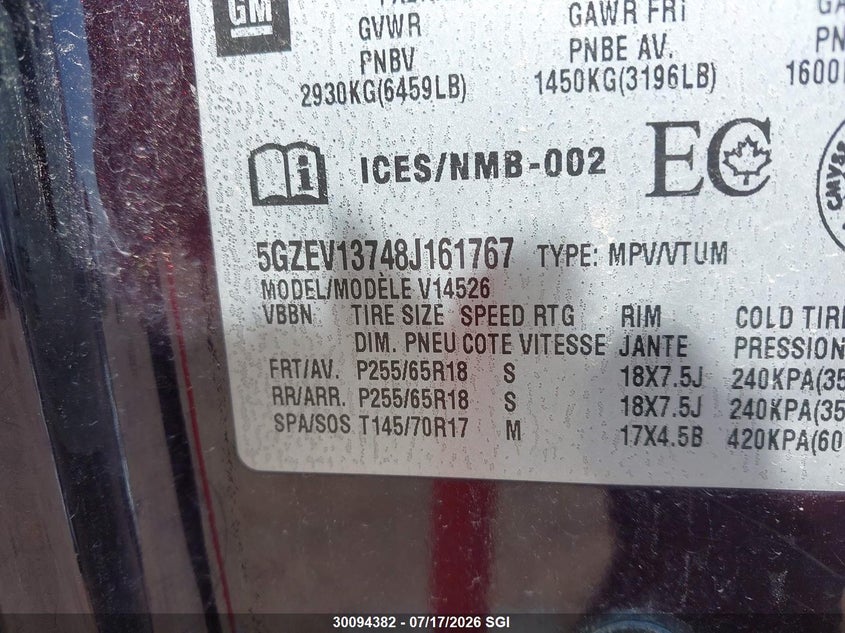 2008 Saturn Outlook Xe VIN: 5GZEV13748J161767 Lot: 30094382