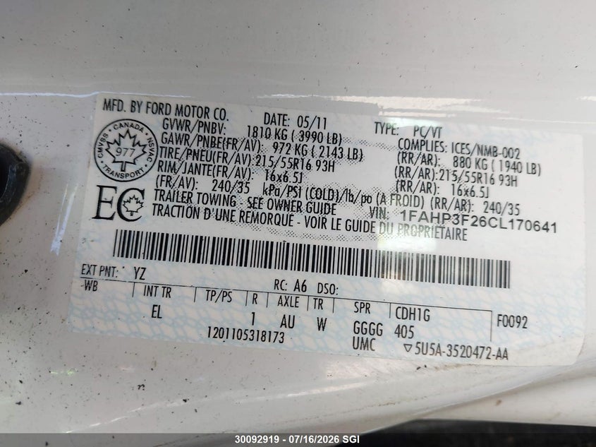 2012 Ford Focus Se VIN: 1FAHP3F26CL170641 Lot: 30092919
