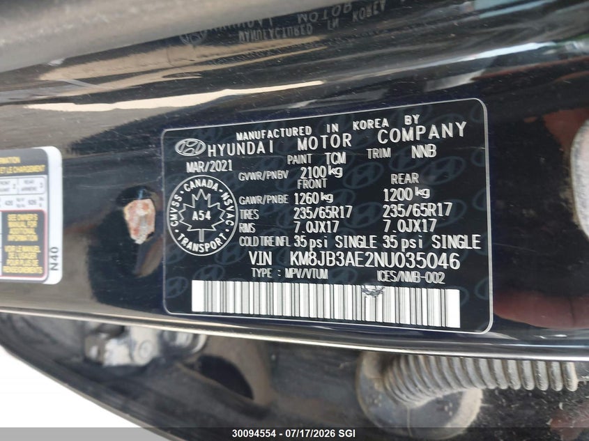 2022 Hyundai Tucson Sel VIN: KM8JB3AE2NU035046 Lot: 30094554