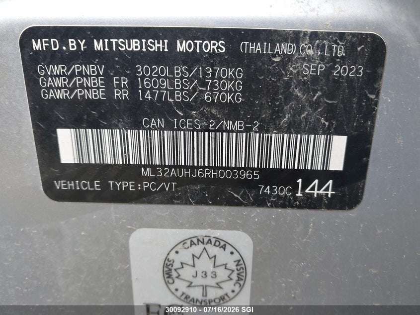 2024 Mitsubishi Mirage Es/Le VIN: ML32AUHJ6RH003965 Lot: 30092910